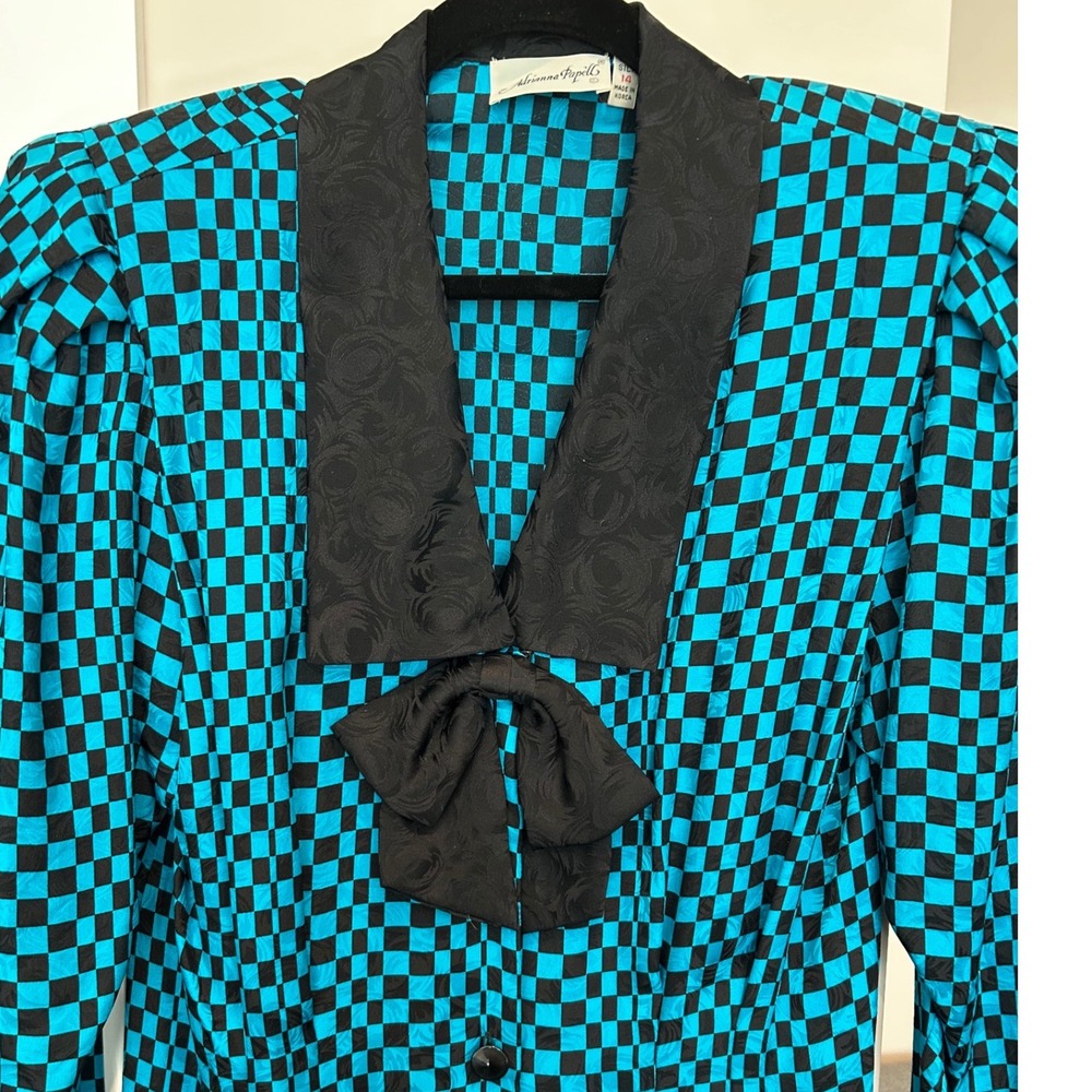 Adrianna Papell 80s 90s Silk Checkerboard Dress Teal Black Bow Vintage Size 14 - Picture 4 of 8